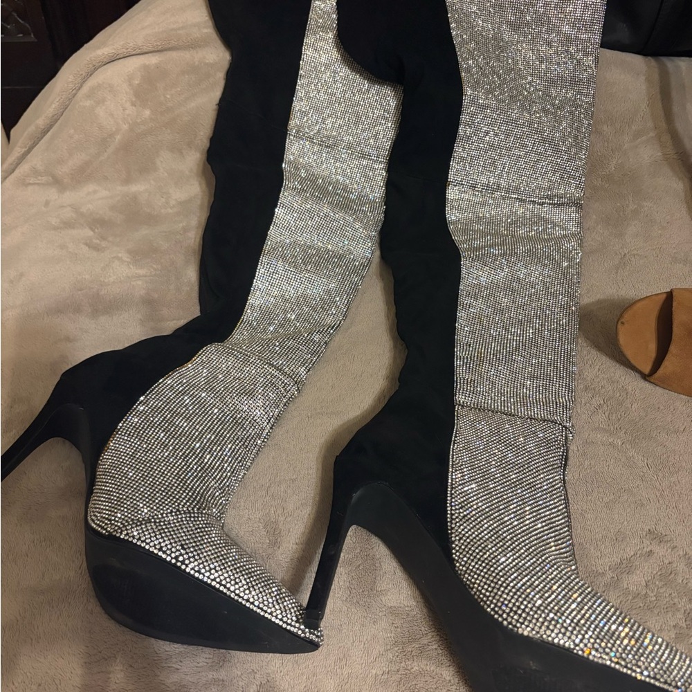 Fashion Nova Black and Silver Heeled Boots
